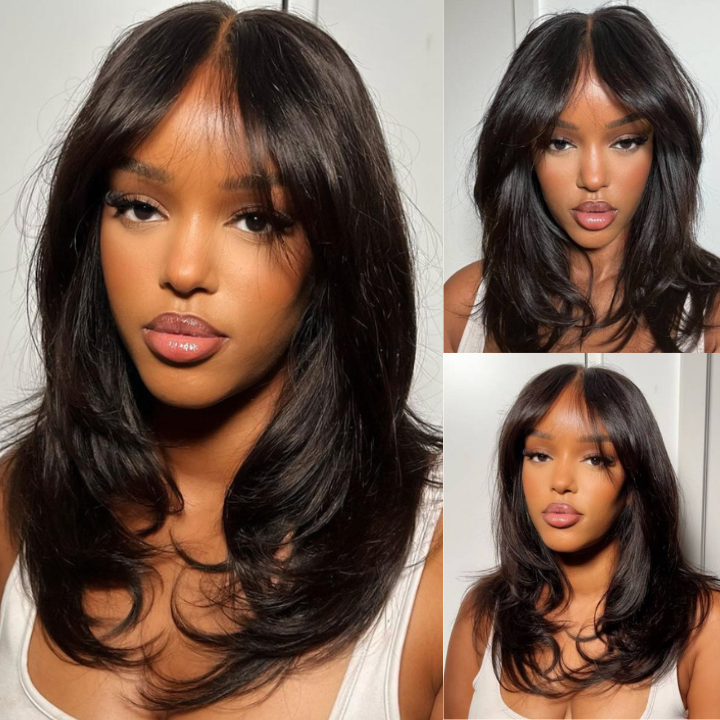 Long Natural Wavy Curtain Bangs Glueless Lace Closure Wig Instyle wig
