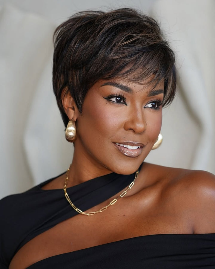 Light Brown Highlighted Pixie Cut Bangs Wig