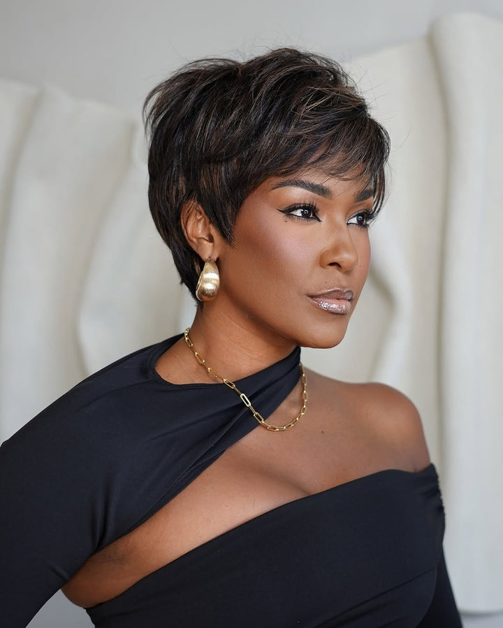 Light Brown Highlighted Pixie Cut Bangs Wig
