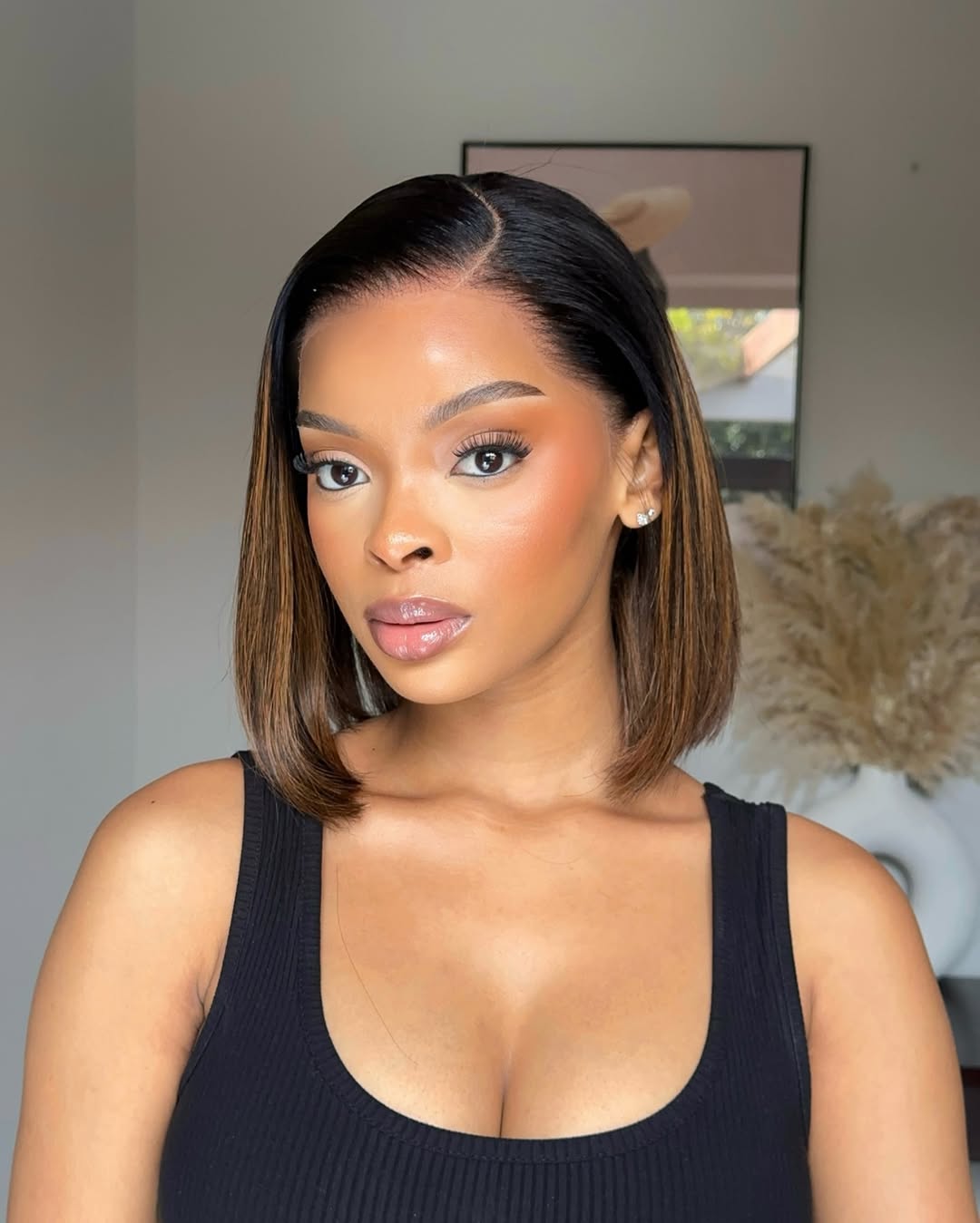 Natural Looking Brown Highlight Silky Blunt Cut Bob Glueless 13x4 Frontal Lace Wig