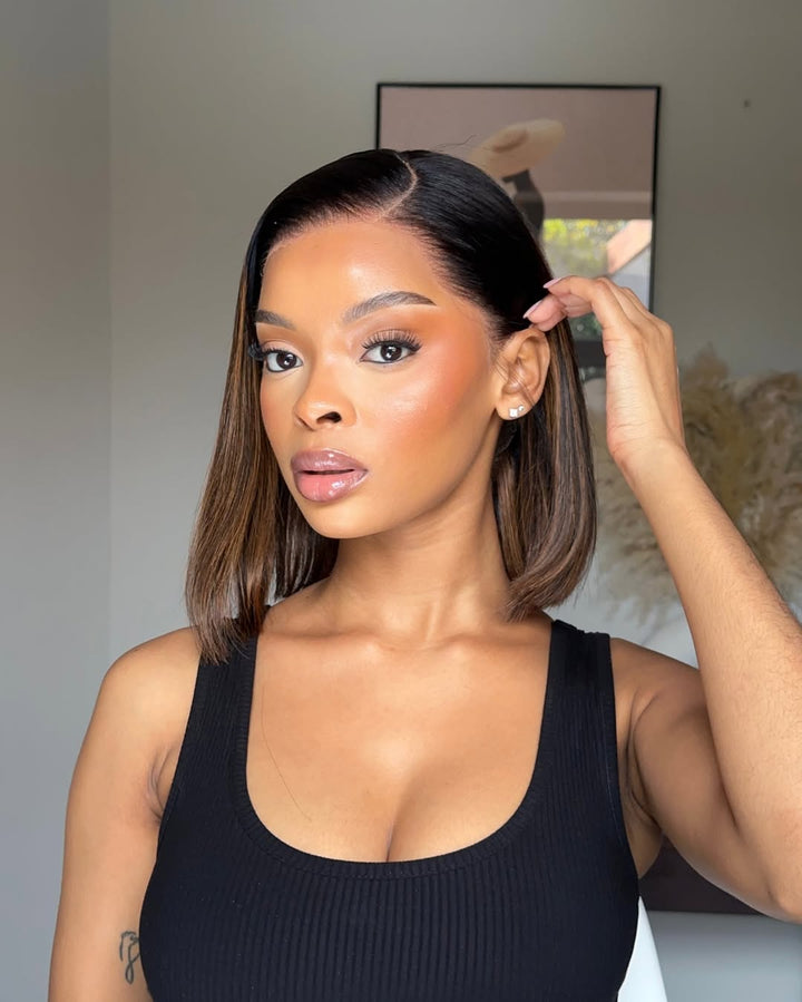Natural Looking Brown Highlight Silky Blunt Cut Bob Glueless 13x4 Frontal Lace Wig