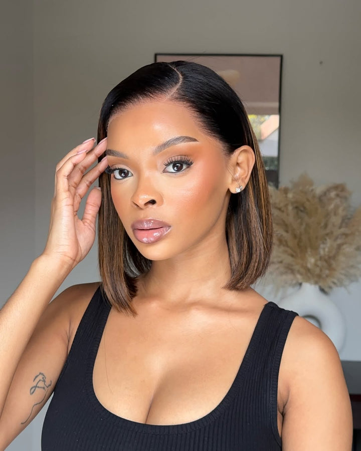 Natural Looking Brown Highlight Silky Blunt Cut Bob Glueless 13x4 Frontal Lace Wig
