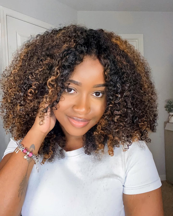 Kinky Curly V Part Wigs Highlight #1B/30 No Leave Out Human Hair Wig