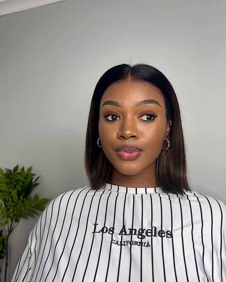 Natural Looking Brown Highlight Silky Blunt Cut Bob Glueless 13x4 Frontal Lace Wig