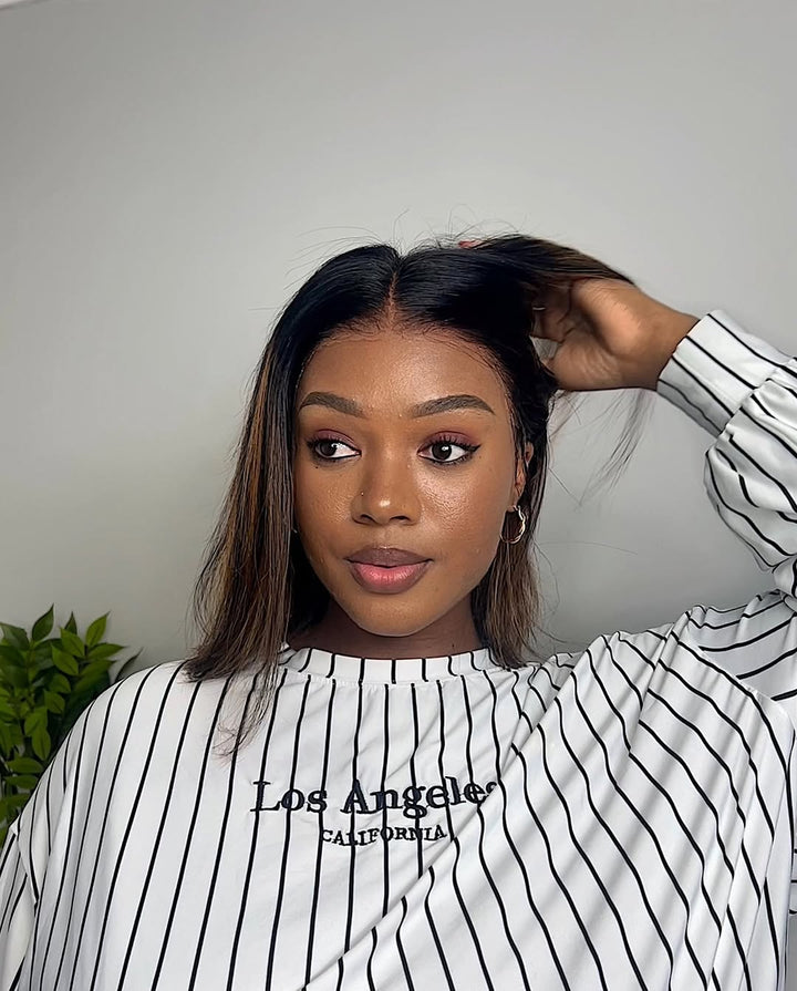Natural Looking Brown Highlight Silky Blunt Cut Bob Glueless 13x4 Frontal Lace Wig