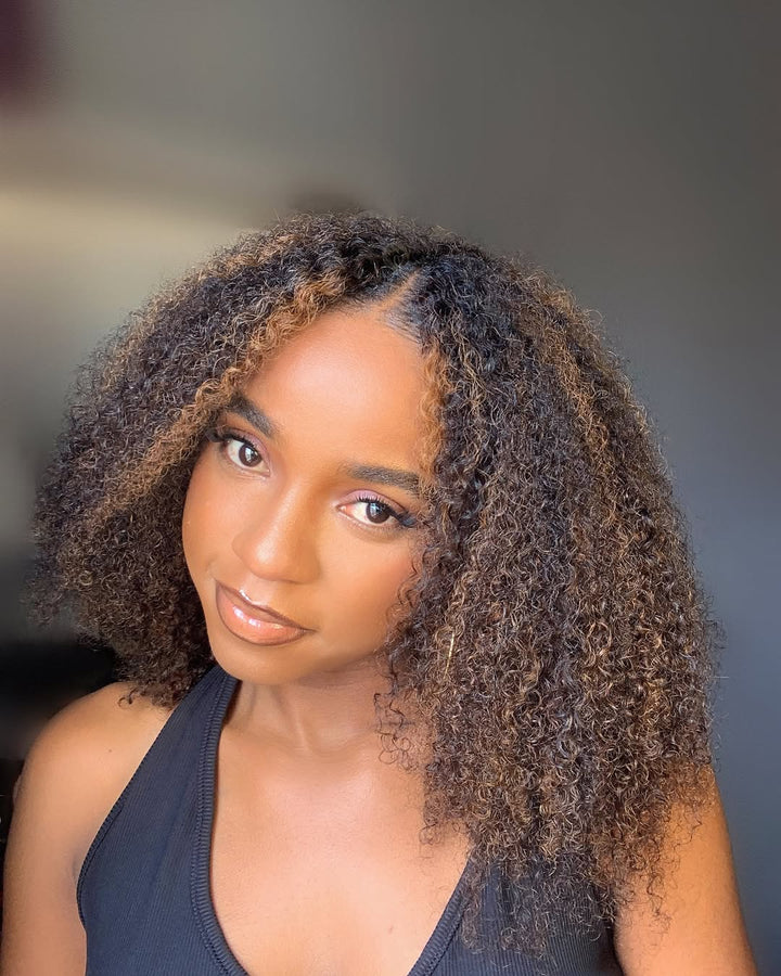 Kinky Curly V Part Wigs Highlight #1B/30 No Leave Out Human Hair Wig