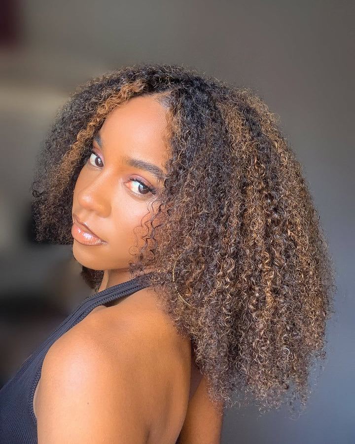 Kinky Curly V Part Wigs Highlight #1B/30 No Leave Out Human Hair Wig