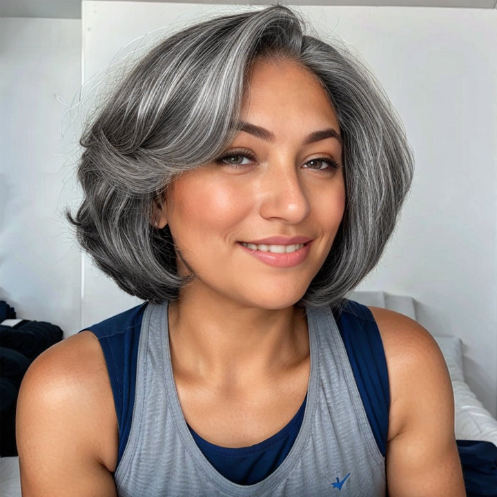 Salt And Pepper Gray Color Wavy Lace Closure Wig