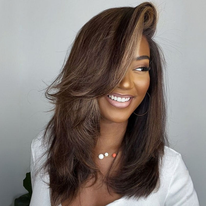 Layered Dark Brown with Blonde Highlights Wavy Lace Front Wig Human Hair