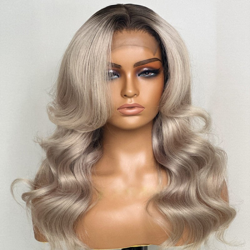 Ombre Ash Blonde Wavy Closure Wig With Dark Root 100% Human Hair