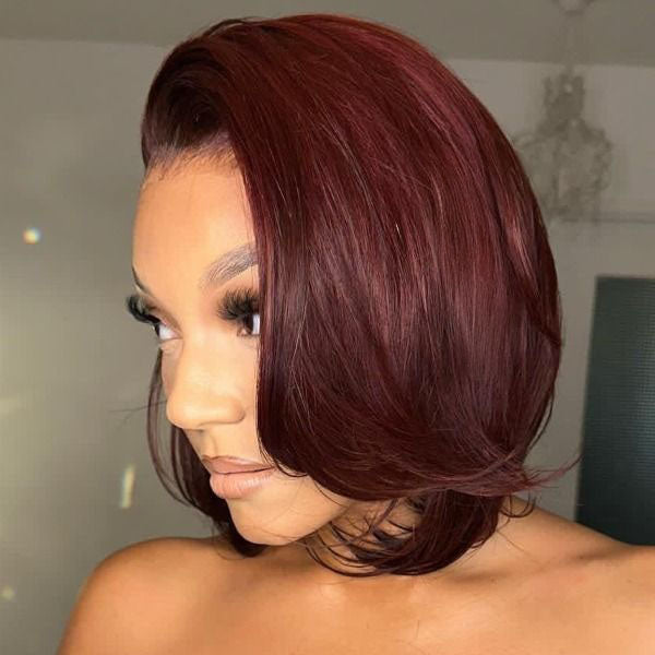 Burgundy Side Part Bob Glueless Human Hair Invisible Lace Front Wig