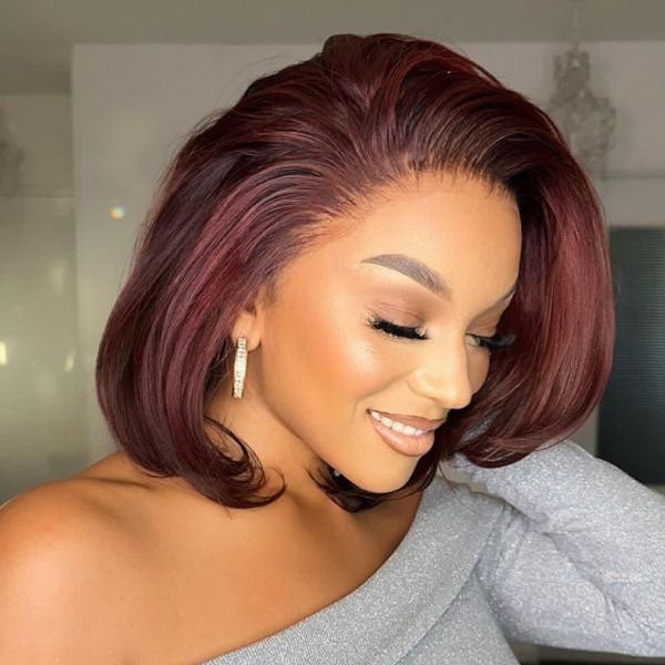 Burgundy Side Part Bob Glueless Human Hair Invisible Lace Front Wig
