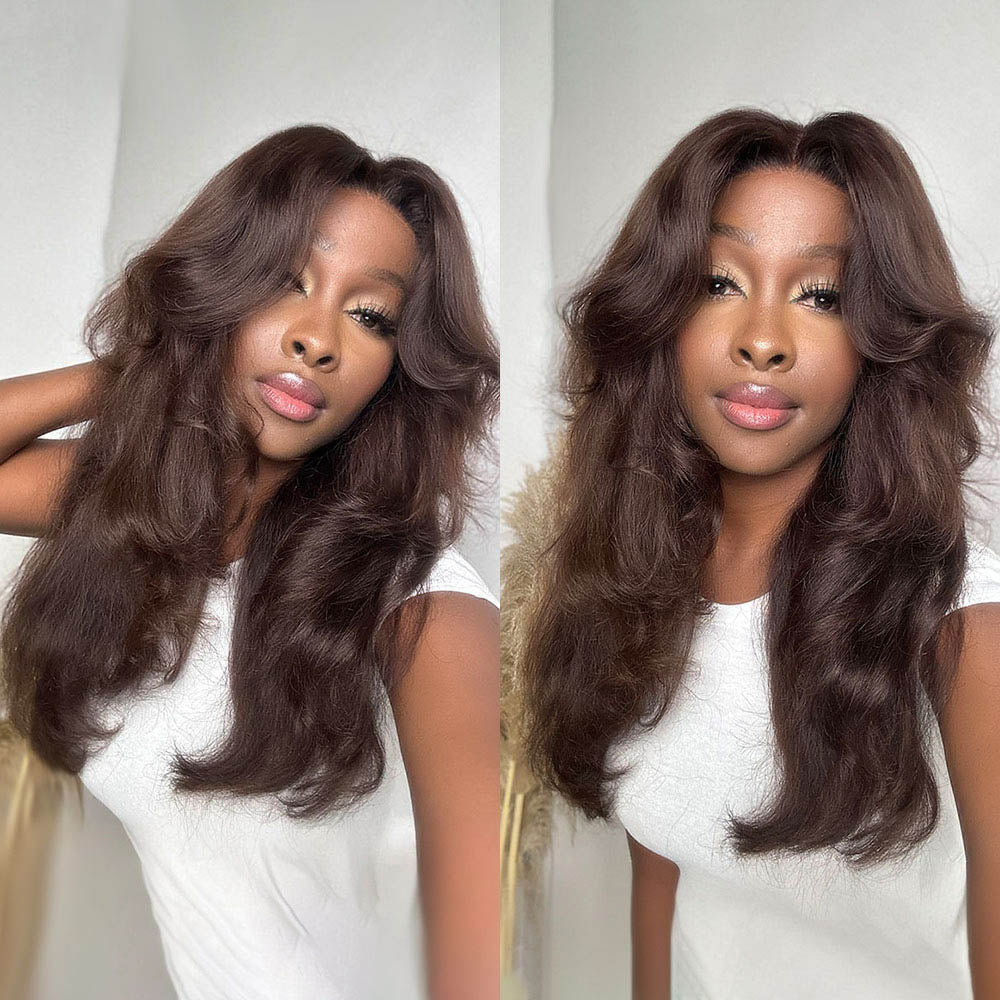 Curtain Bangs Cocona Brown Layered Wavy Lace Closure Wig Instyle wig