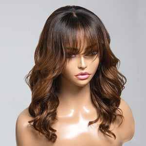 Ombre Chestnut Brown Layered Curtain Bangs Wavy 13x4 Lace Frontal Wig