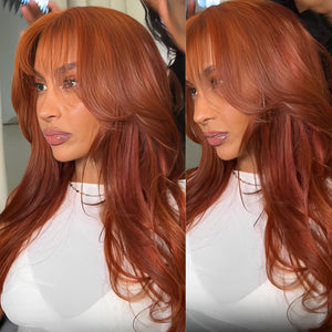 Reddish Brown Wavy Curtain Bangs Lace Wig