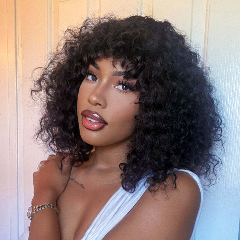 No Lace Glueless Bouncy Curl Wig With Bangs