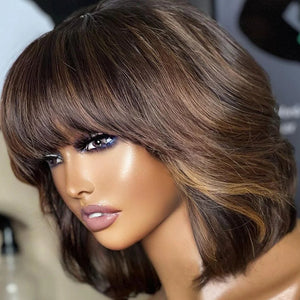 Bob with Bangs Honey Blonde with Brown Highlights Wig