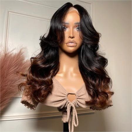 5x5 LACE CLOSURE HONEY BROWN WITH BLACK BODY WAVY WIG