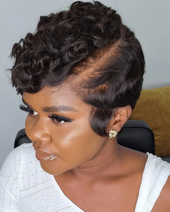 Side Bang Wave Curls Full Lace Short Pixie Cut Wig