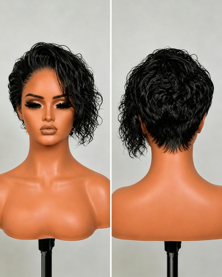 Wet Look Side-Swept Curly Pixie 13×6 Lace Front Wig