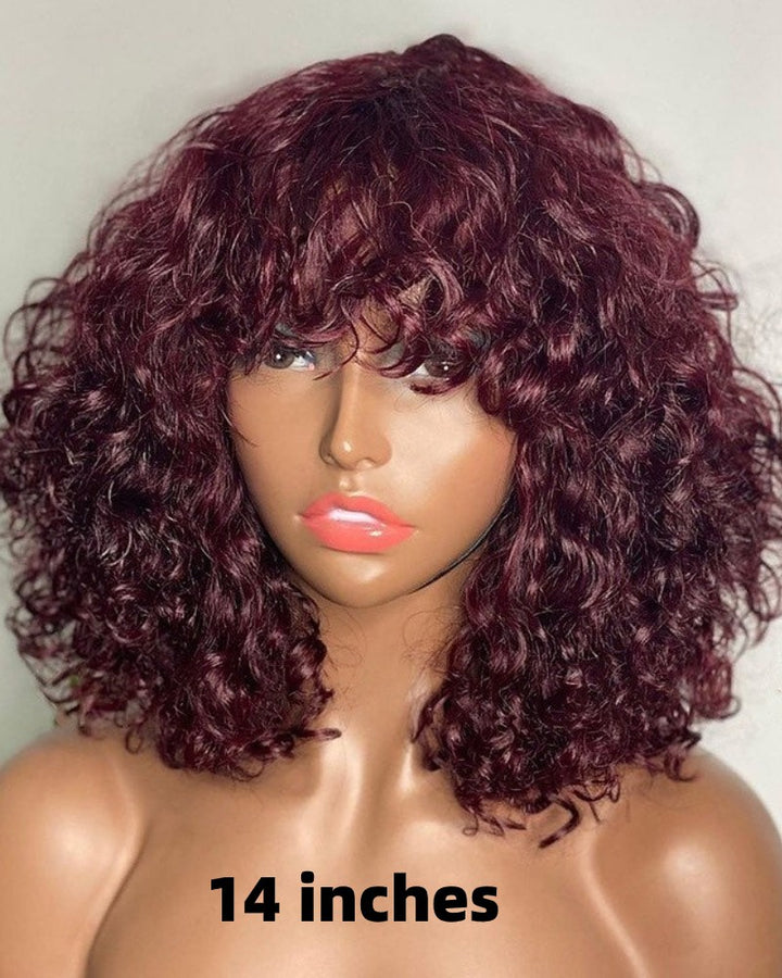 Beginner Friendly Glueless Burgundy Curly Bangs Wig
