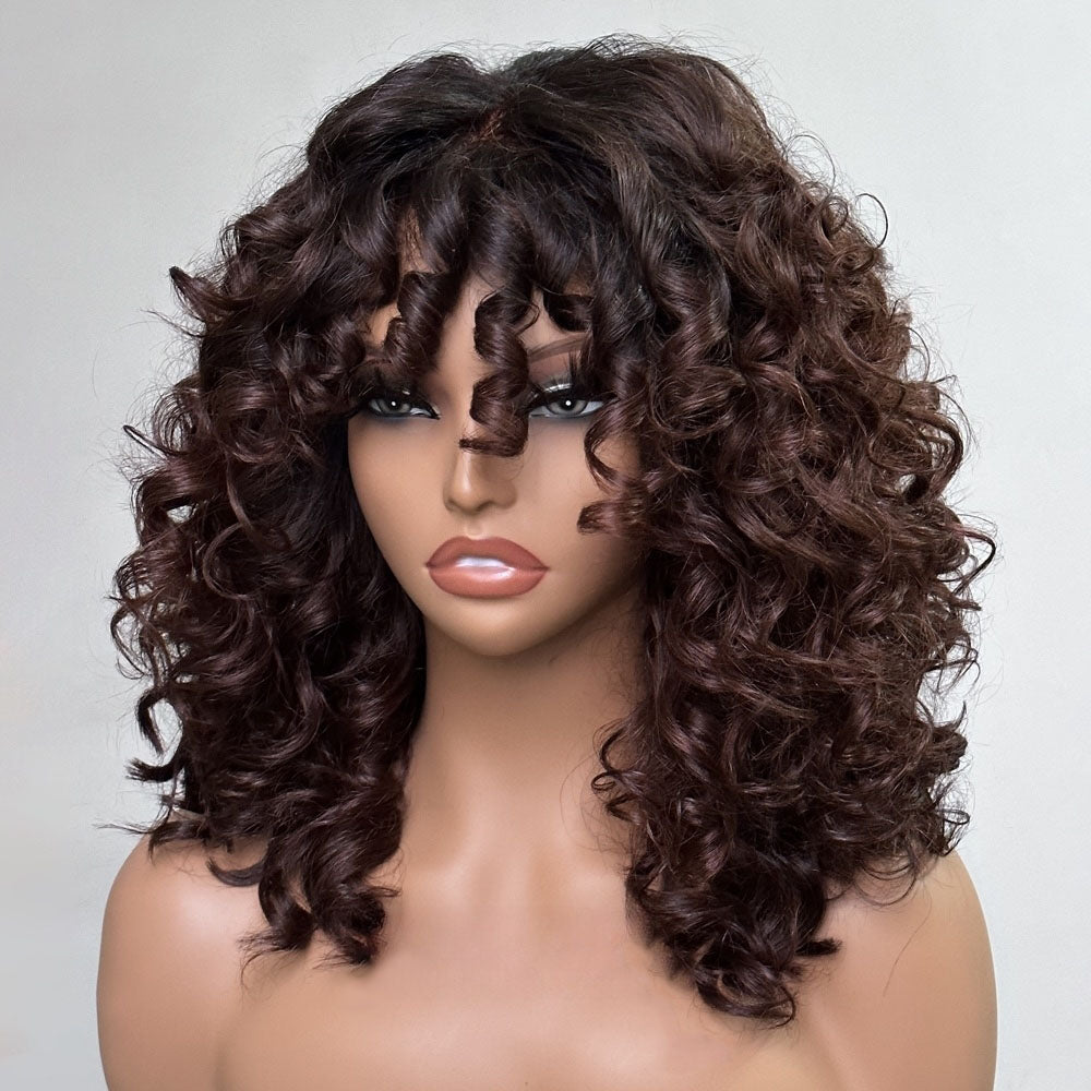 Light Brown Black Hair Root Glueless Curly Bang Wig