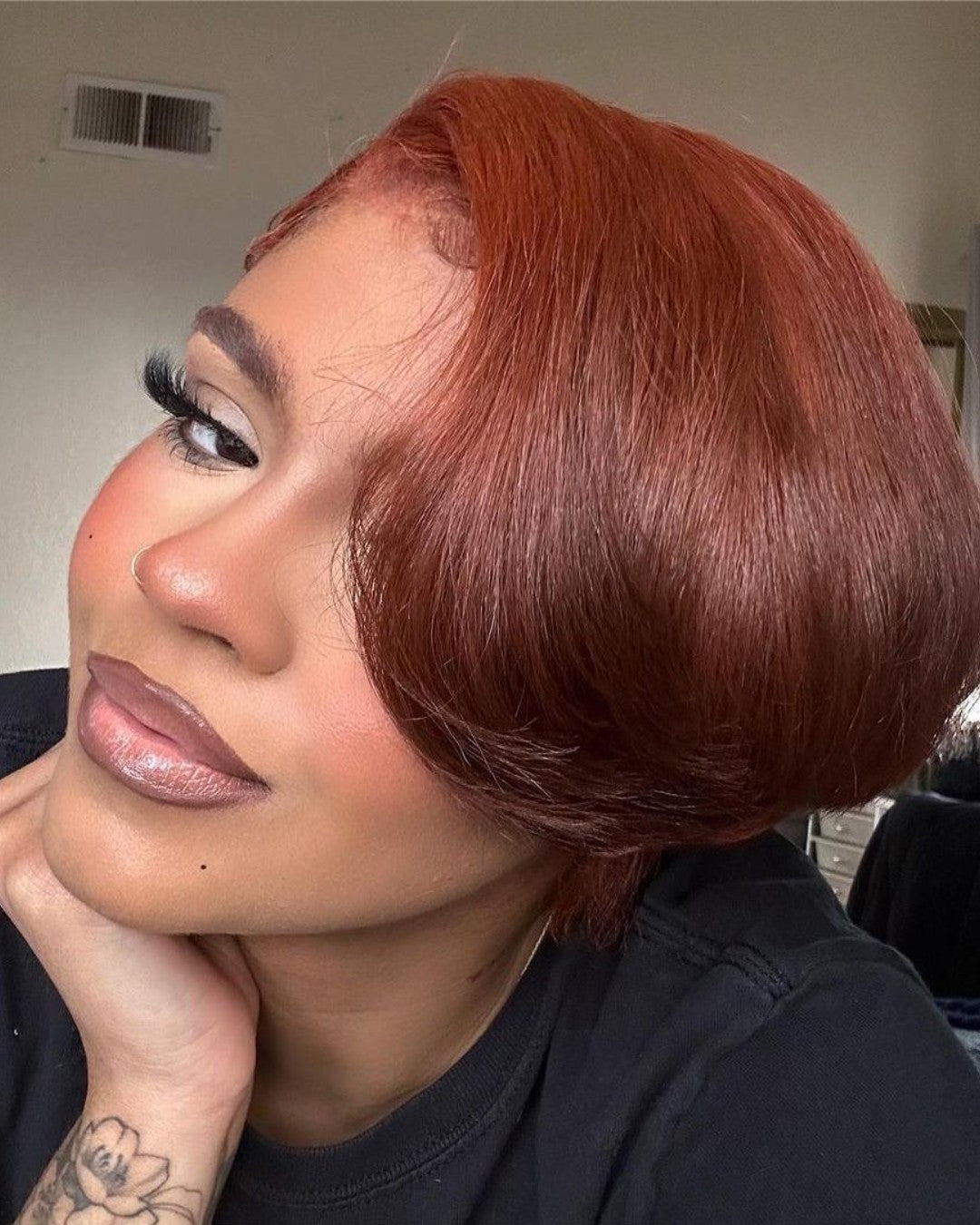 Copper Color Pixie Cut Side Long Bangs Lace Front Wig