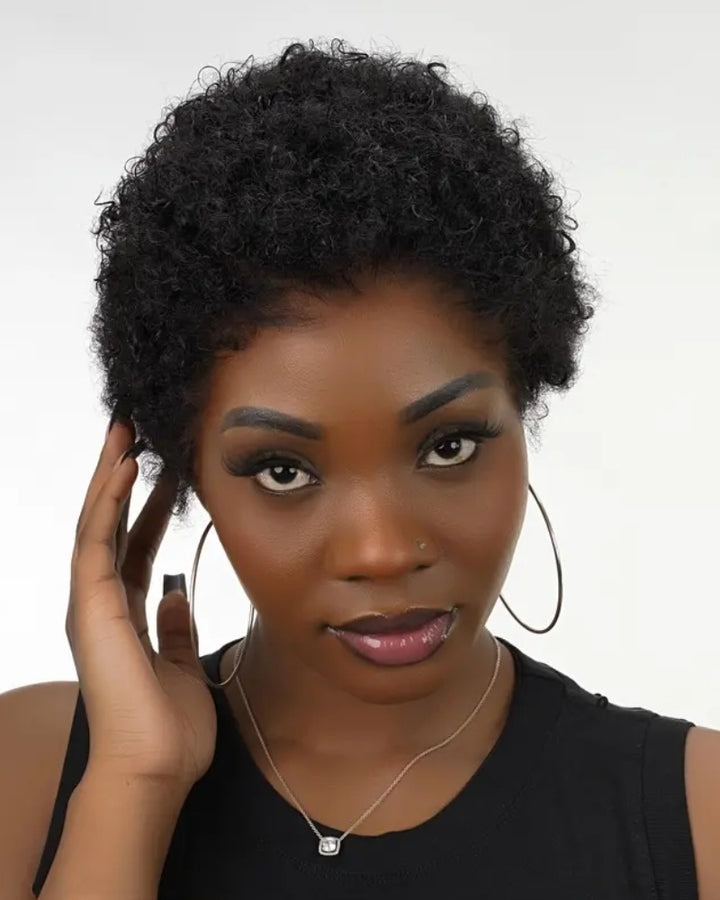 All-Day Comfort Black & Brown Short Curly Pixie 13×4 Lace Front Wig With Drawstring