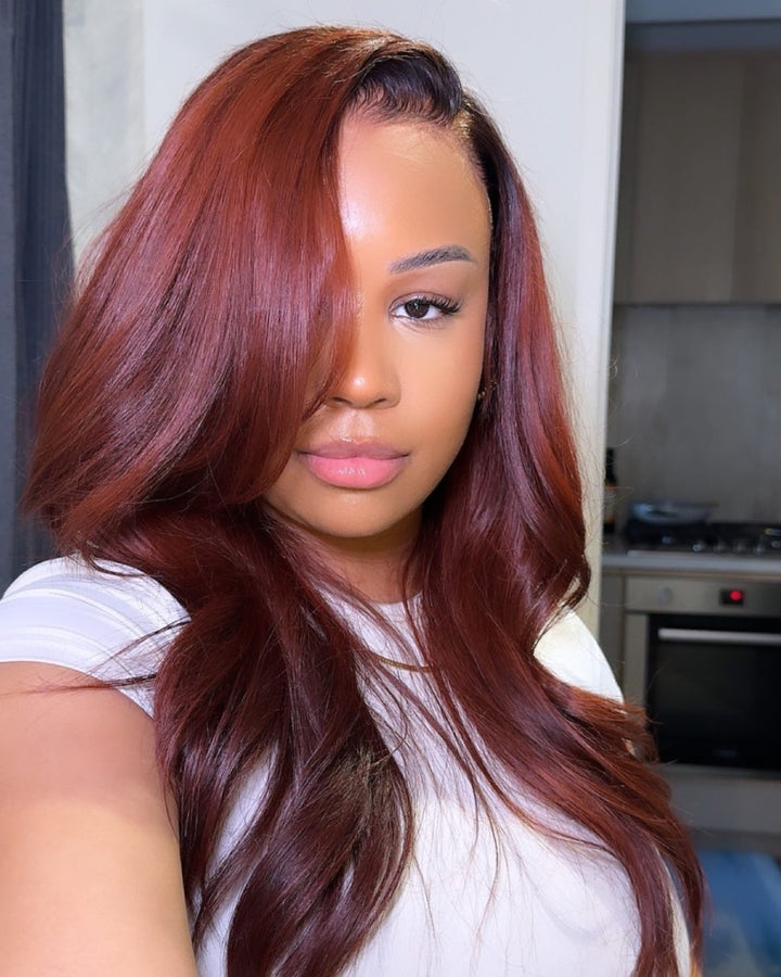 Highlighted Ombre Reddish Brown and Black Root Lace Front Wig