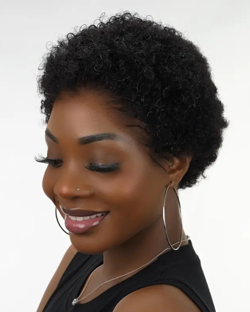 All-Day Comfort Black & Brown Short Curly Pixie 13×4 Lace Front Wig With Drawstring
