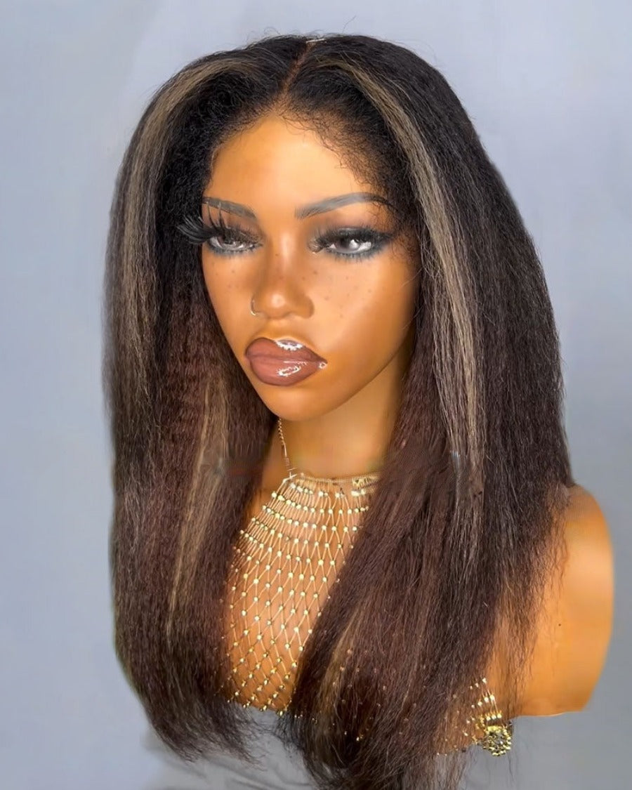 Blonde Highlight Kinky Straight With 4C Kinky Edges 13x4 HD Lace Front Wig