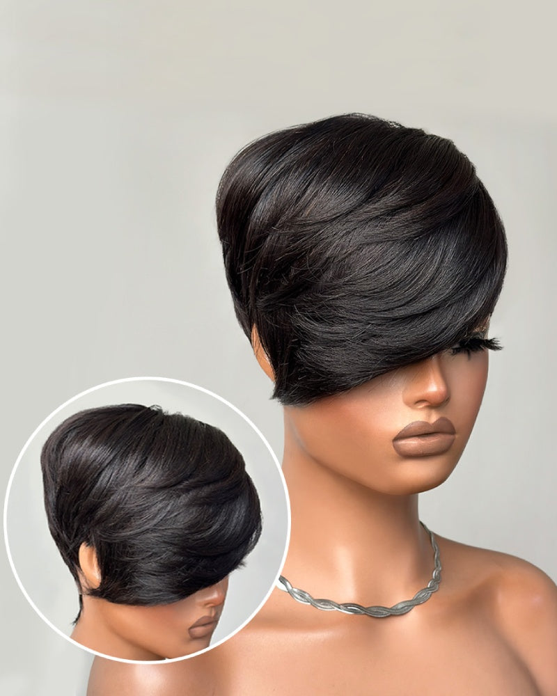 Long Layered Side Bangs Pixie Cut Human Hair Wig