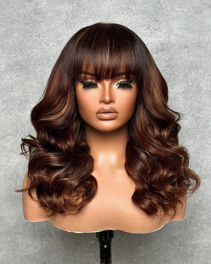 Ombre Chestnut Brown Layered WavyCurtain Bangs Lace Wig