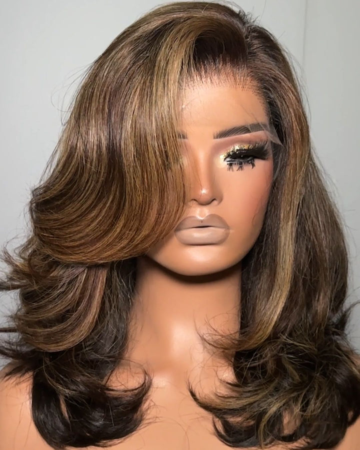 Blonde Highlight With Dark Brown Layered Wavy 13x4 Lace Front Wig