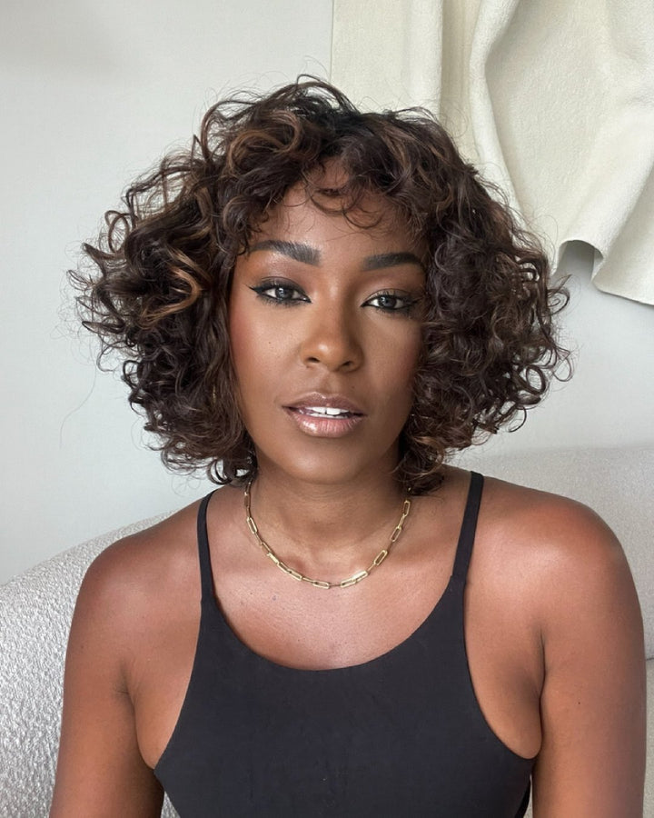 Light brown bangs curly glueless wig