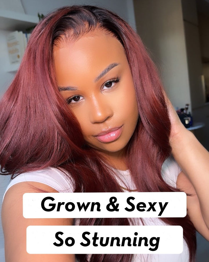 Highlighted Ombre Reddish Brown and Black Root Lace Front Wig