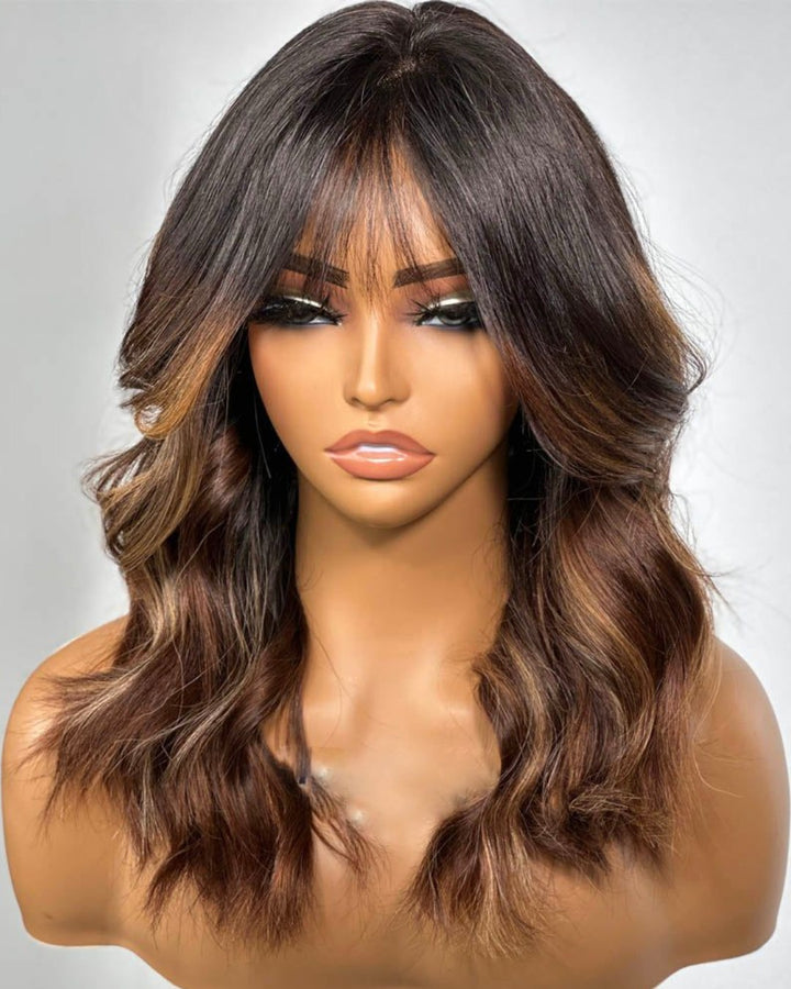 Ombre Chestnut Brown Layered Curtain Bangs 5x5 Lace Closure Body Wave Wig