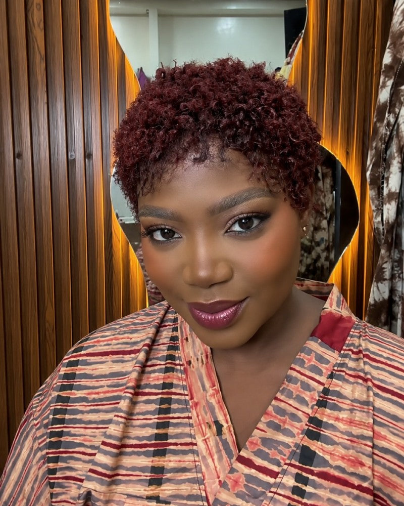 Beginner-friendly Black & Burgundy Short Curly Pixie Wig