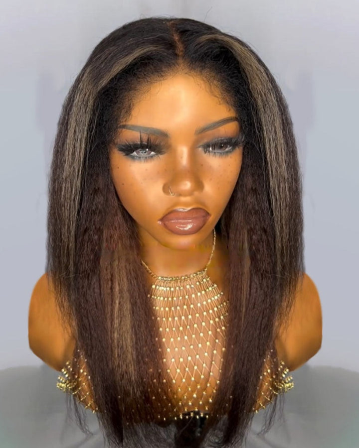 Blonde Highlight Kinky Straight With 4C Kinky Edges 13x4 HD Lace Front Wig