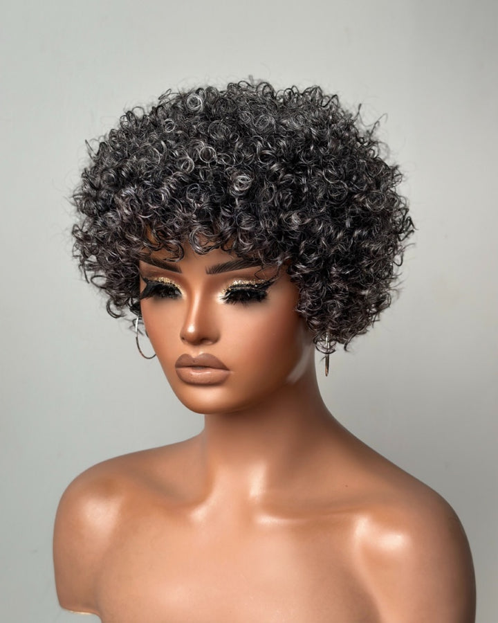 Salt & Pepper Curly Pixie Cut Glueless Wig With Bangs
