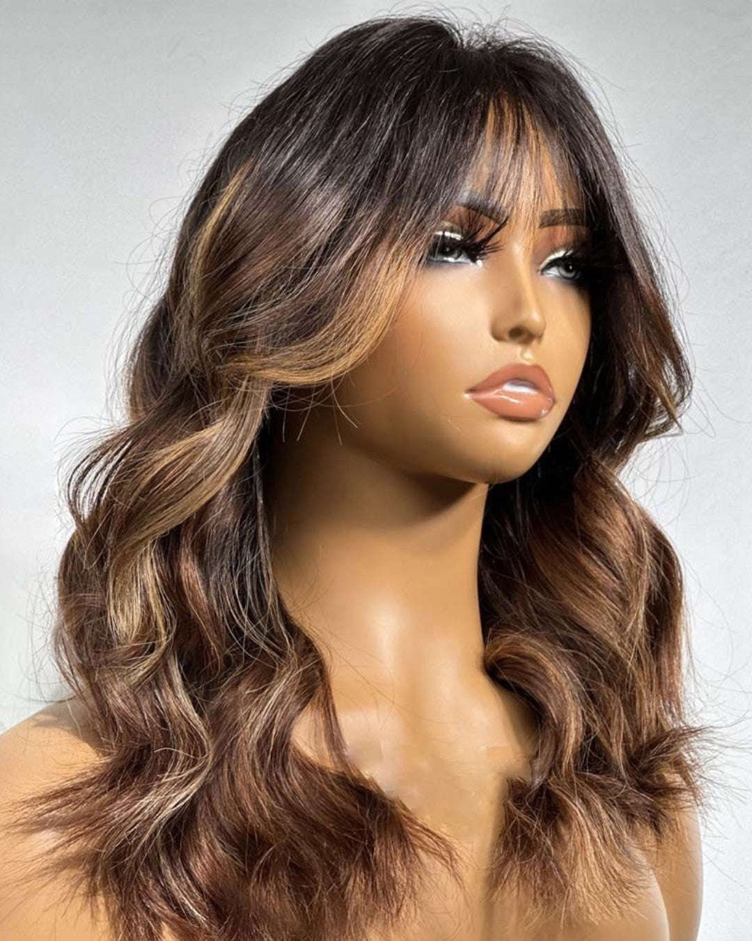 Ombre Chestnut Brown Layered Curtain Bangs 5x5 Lace Closure Body Wave Wig