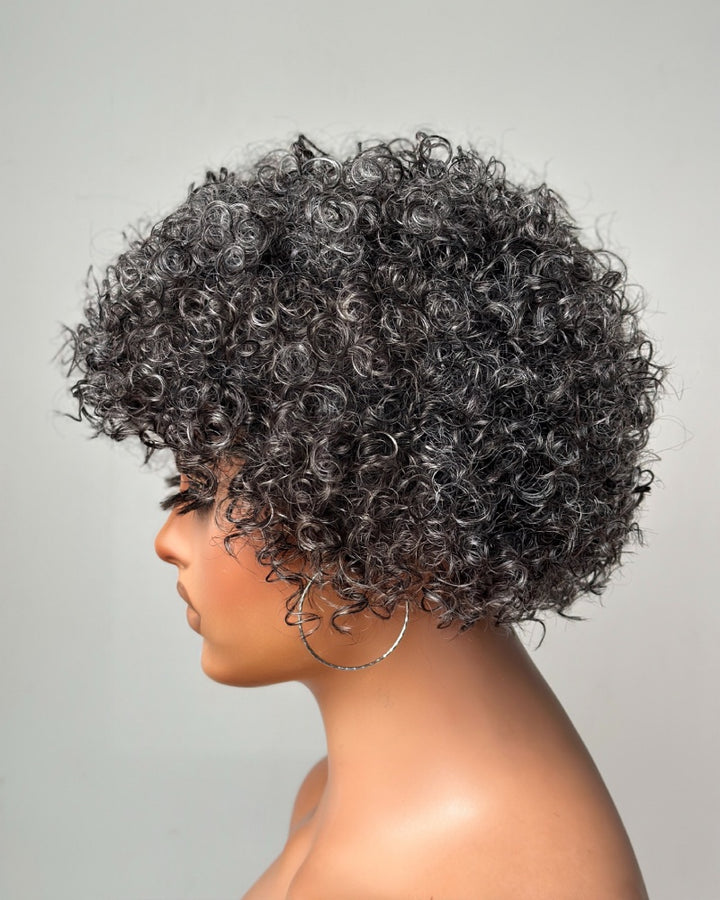 Salt & Pepper Curly Pixie Cut Glueless Wig With Bangs