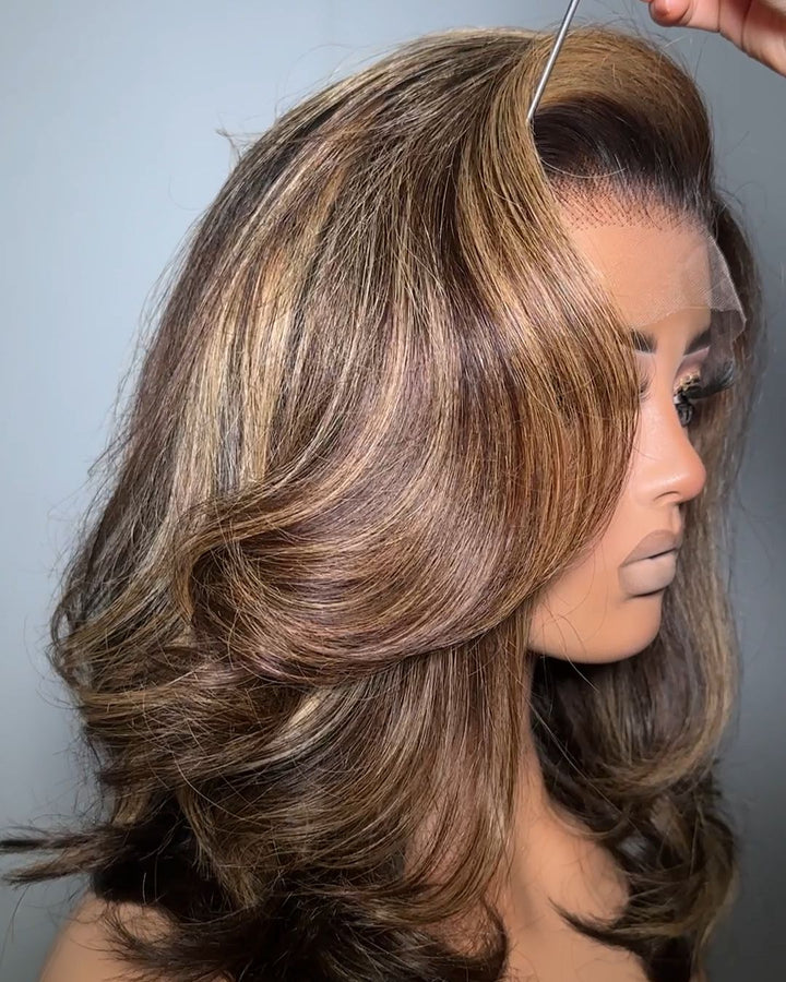 Blonde Highlight With Dark Brown Layered Wavy 13x4 Lace Front Wig