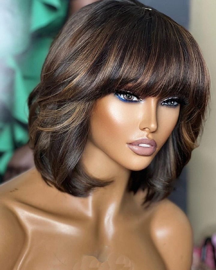 Bob with Bangs Honey Blonde with Brown Highlights Wig