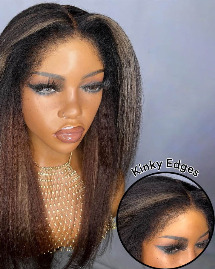 Blonde Highlight Kinky Straight With 4C Kinky Edges 13x4 HD Lace Front Wig