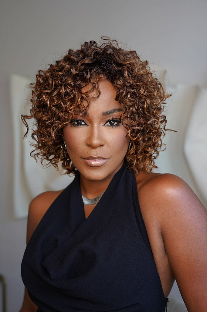 Glueless Brown Ombre Short Curly Wig with Bangs Human Hair Lace Front Wig 180% Density