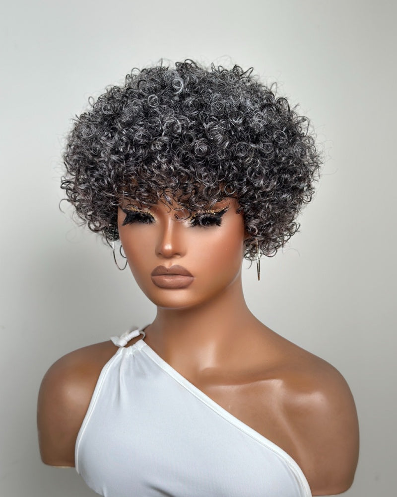 Salt & Pepper Curly Pixie Cut Glueless Wig With Bangs