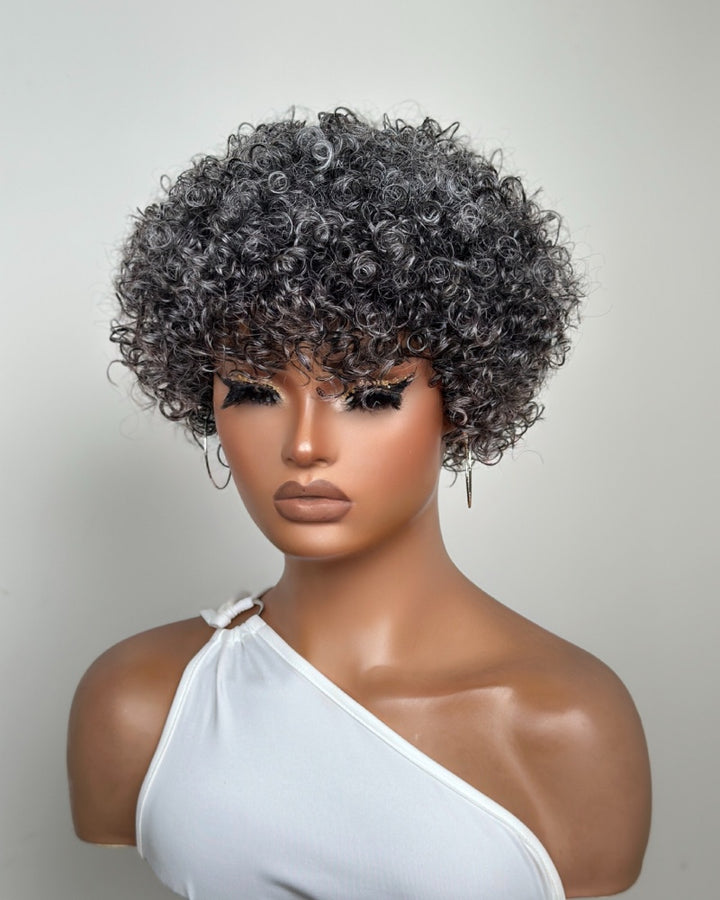 Salt & Pepper Curly Pixie Cut Glueless Wig With Bangs