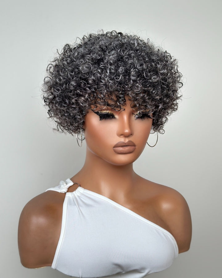 Salt & Pepper Curly Pixie Cut Glueless Wig With Bangs