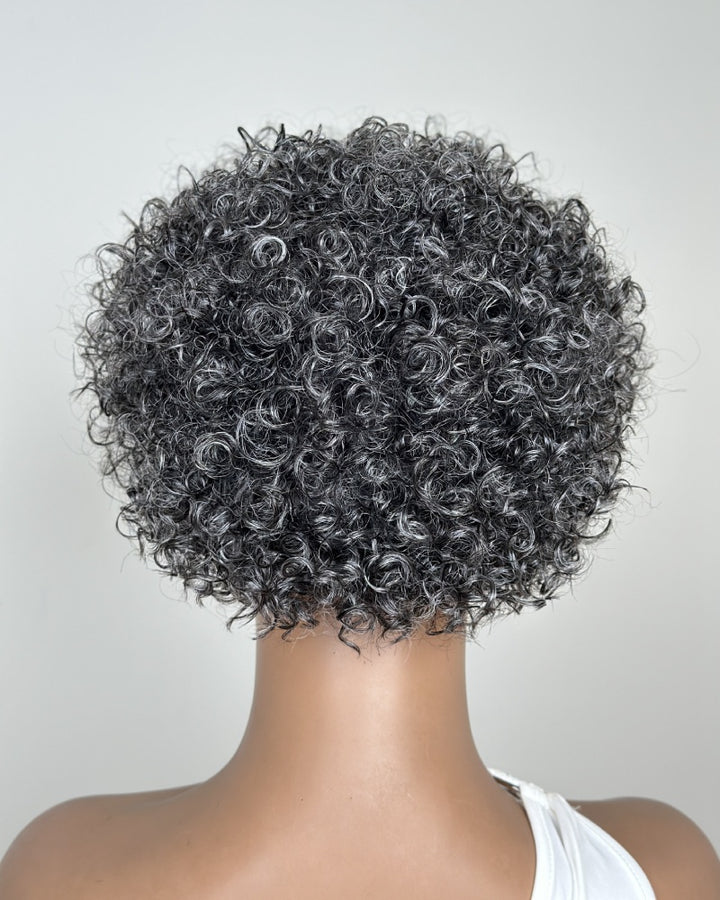 Salt & Pepper Curly Pixie Cut Glueless Wig With Bangs